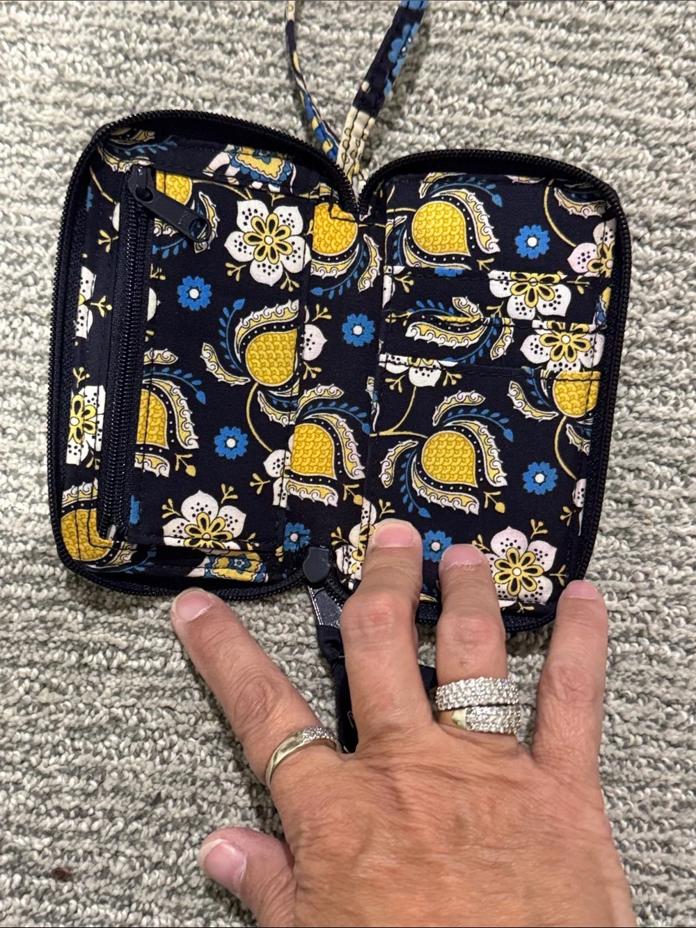 Vera Bradley Black, Blue & Yellow Paisley Quilted Wristlet with ID Window